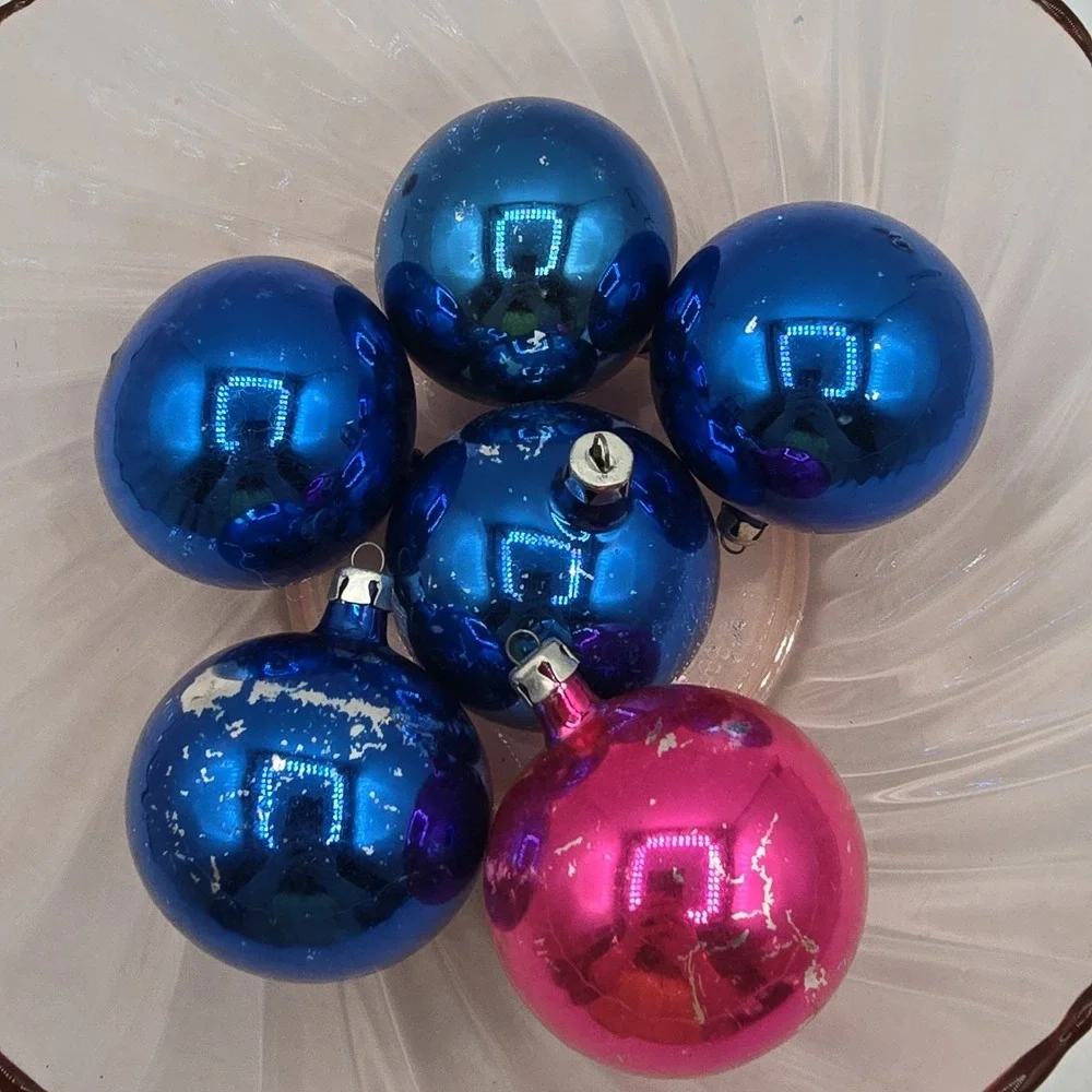 6 Vintage Poland Blue Pink Glass Christmas Holiday Ornaments Lot Set‎
